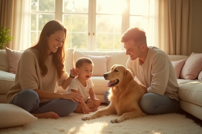 A joyful family, including a child and a pet, comfortably playing in a spotless, bright living room, symbolizing a healthy and safe home environment.