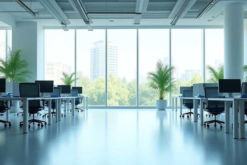 A sleek, modern open-plan office space featuring abundant natural light, potted plants, and clean, minimalist furniture, representing a healthy and professional work environment.