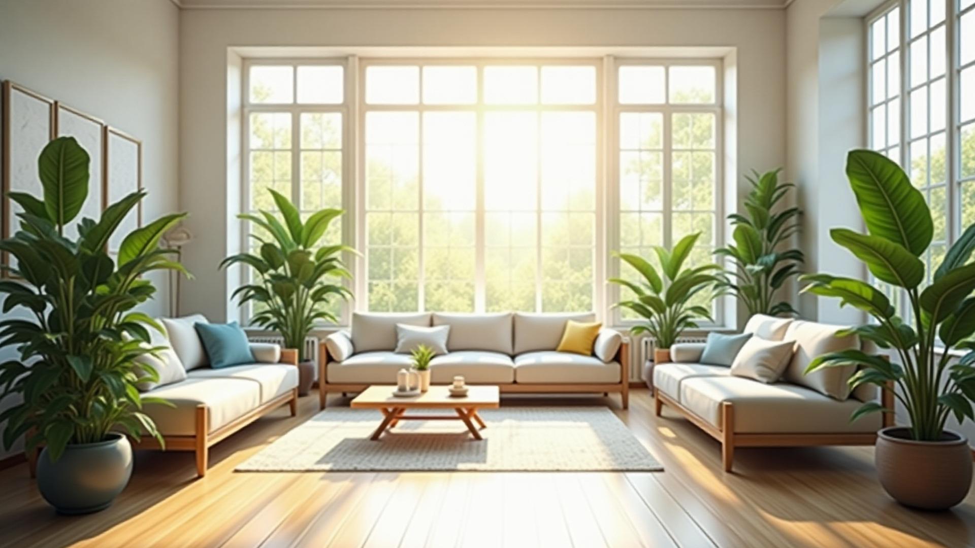 Bright, clean living room with lush green plants, sun shining through a large window, conveying a fresh and natural environment.
