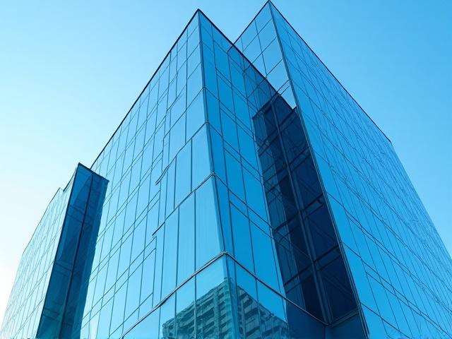 High-rise commercial building facade with sparkling clean windows, reflecting city life