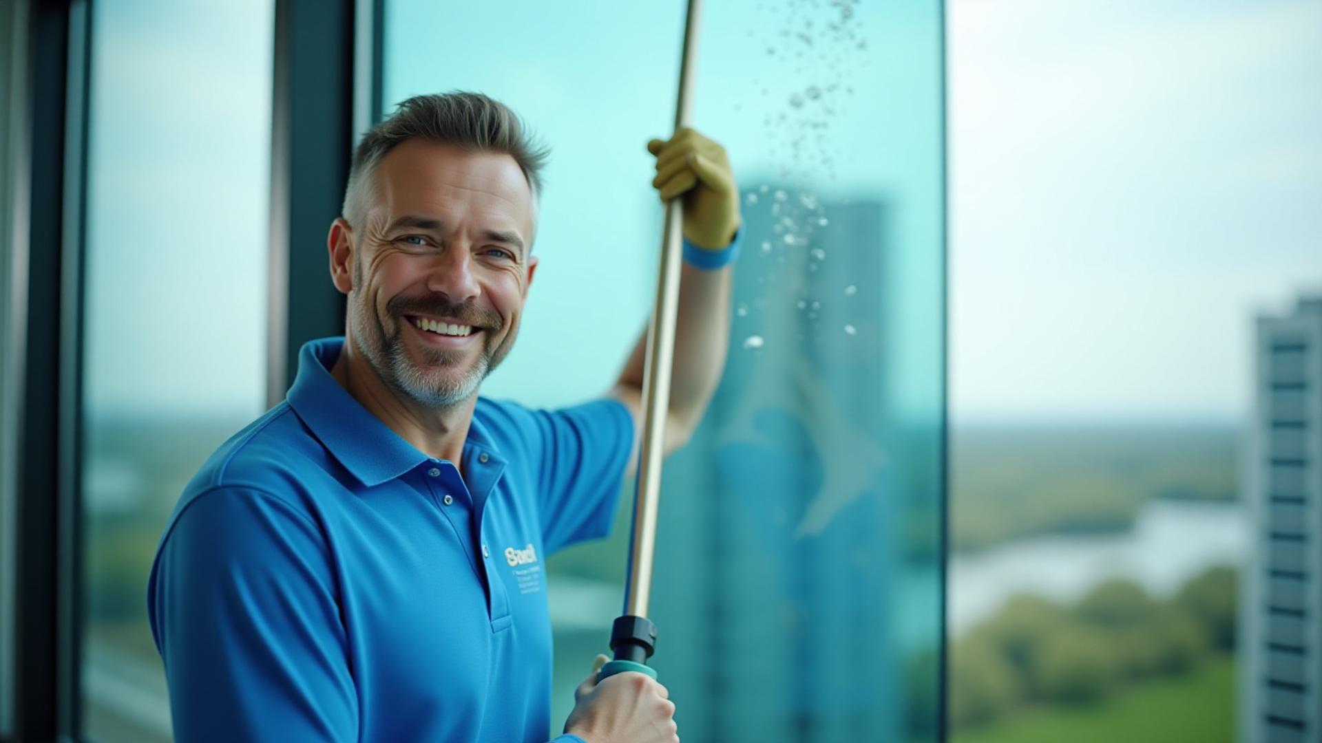 Professional cleaner achieving a streak-free finish on a modern building window, showcasing Rochester's skyline in the background.