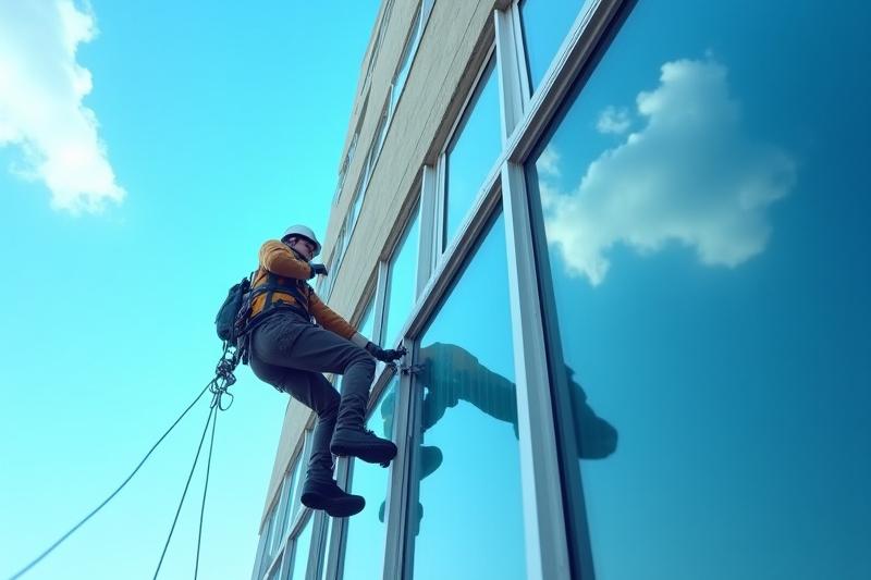 Abseiling window cleaner on a modern high-rise building, cleaning exterior glass