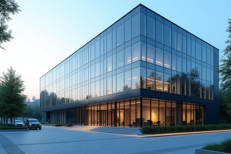 Modern office building exterior with pristine windows