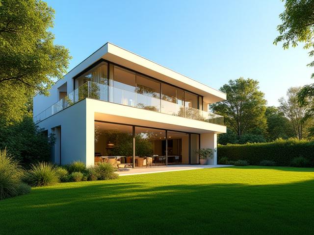 Pristine modern home with clean windows, reflecting blue sky