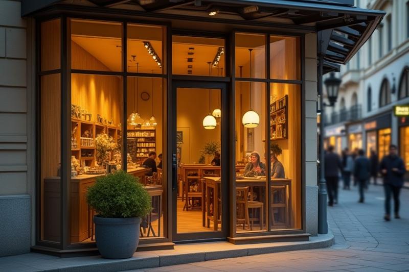 Sparkling clean storefront of a chic cafe, inviting customers