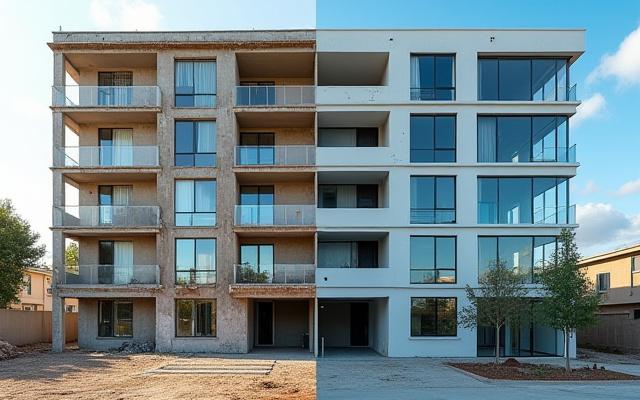 Before and after of a post-construction cleaning project at a modern residential complex, showing pristine windows and facades