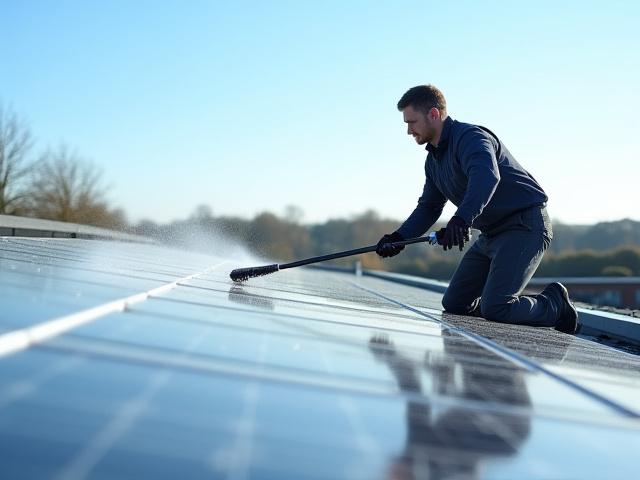 Worker cleaning solar panels on a rooftop, with a clear blue sky