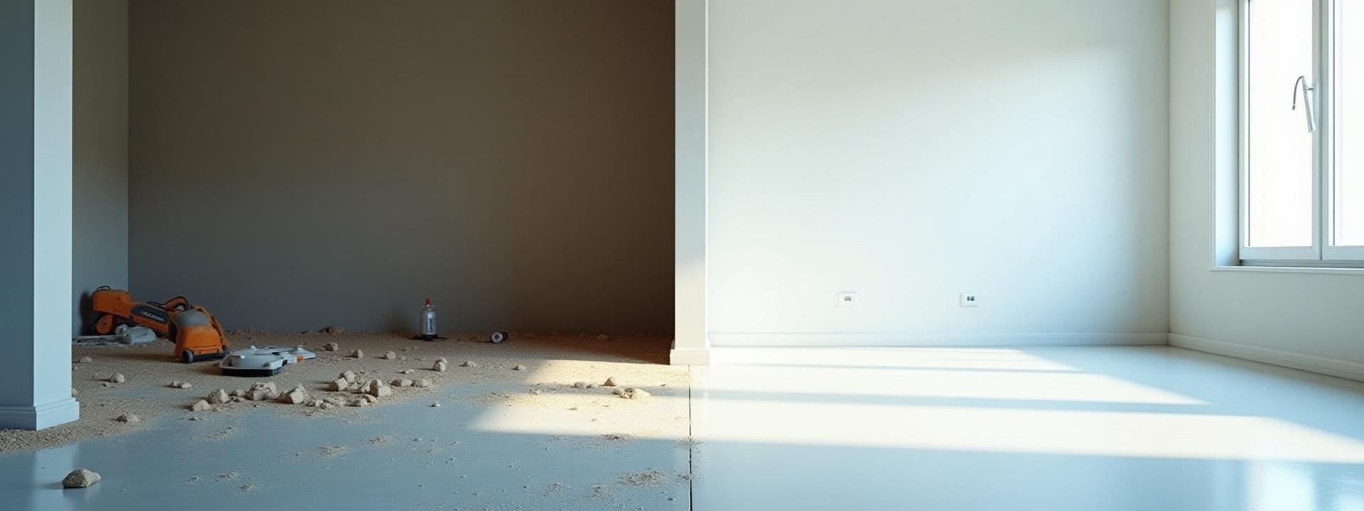 Before and after of a construction site: one half showing a dusty room with building materials, the other half showing the same room immaculately clean, polished, and move-in ready after professional cleaning in Rochester.