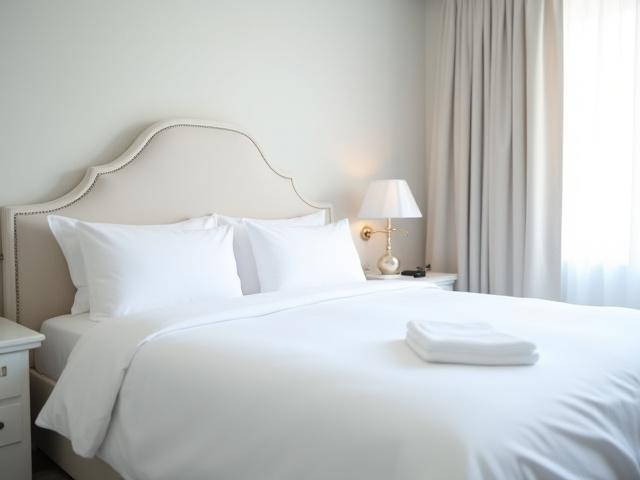 Spotless hotel room with freshly made bed and clean surfaces