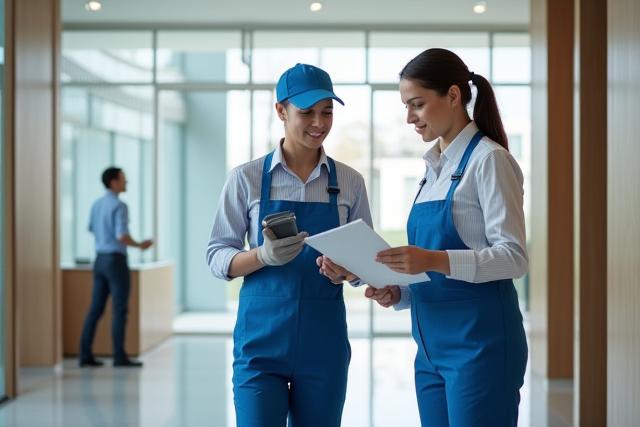 Professional cleaning team in uniform discussing a cleaning plan in a modern business lobby