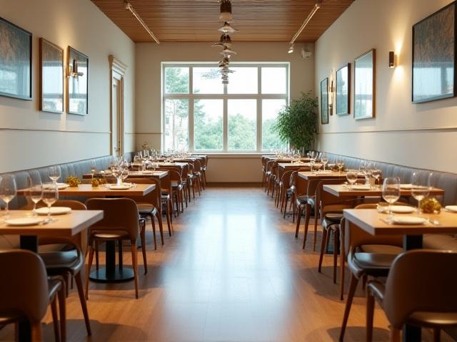 Clean and tidy restaurant dining area with tables set and polished floors