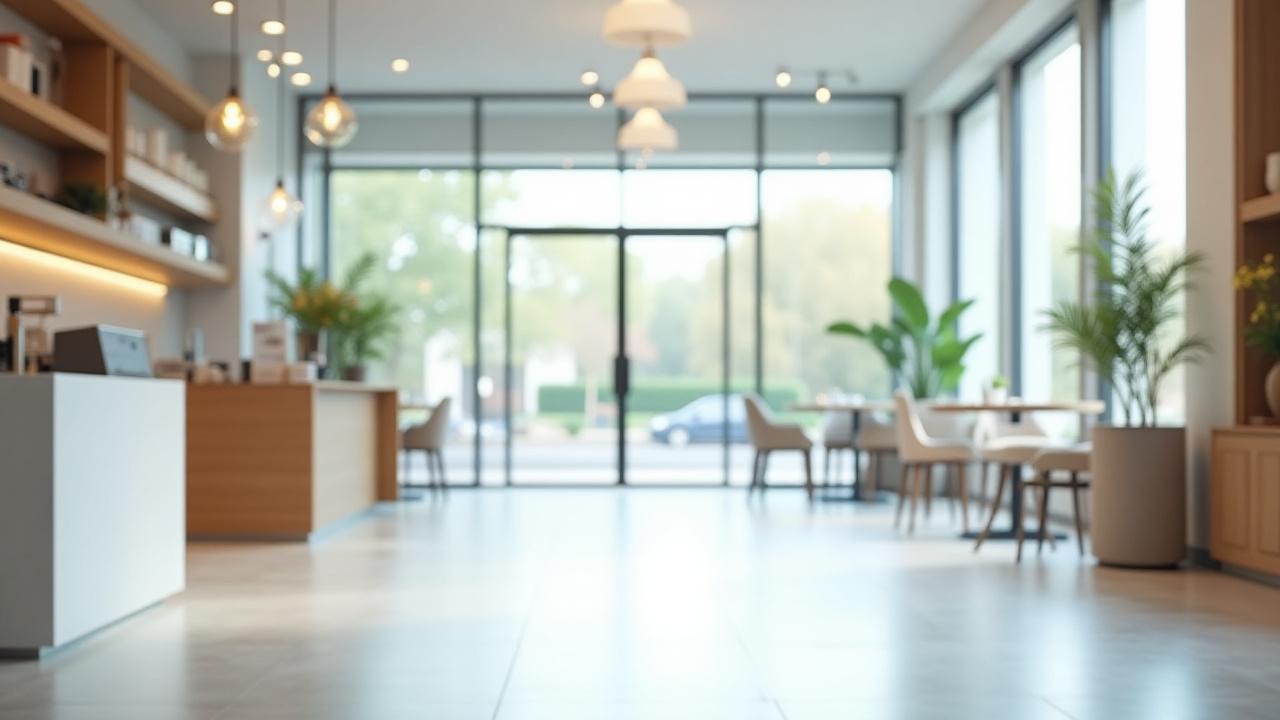 Pristine and inviting interior of a modern café or retail space, gleaming surfaces and bright natural light