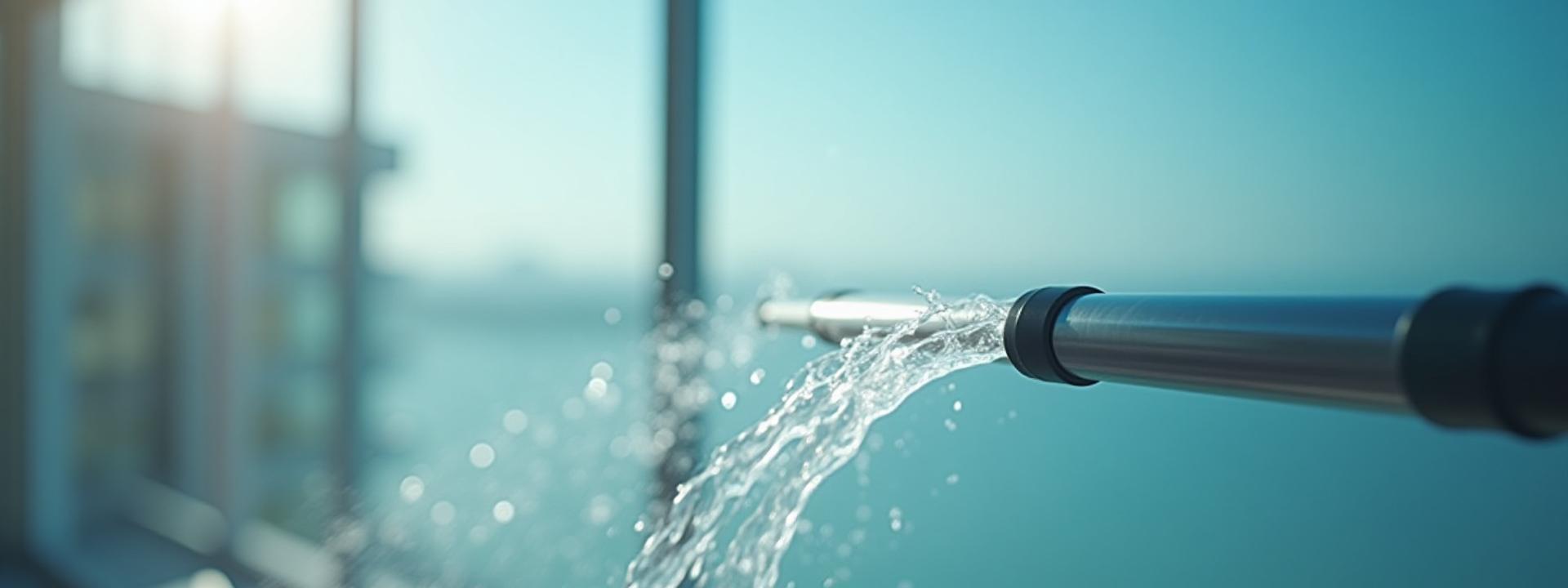 Close-up of a window being cleaned with a water-fed pole, showing pure water in action for a crystal clear finish.