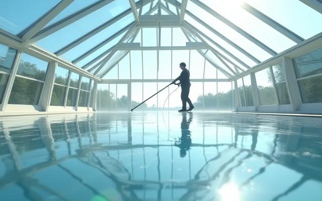 Technician cleaning a high conservatory roof with a water-fed pole